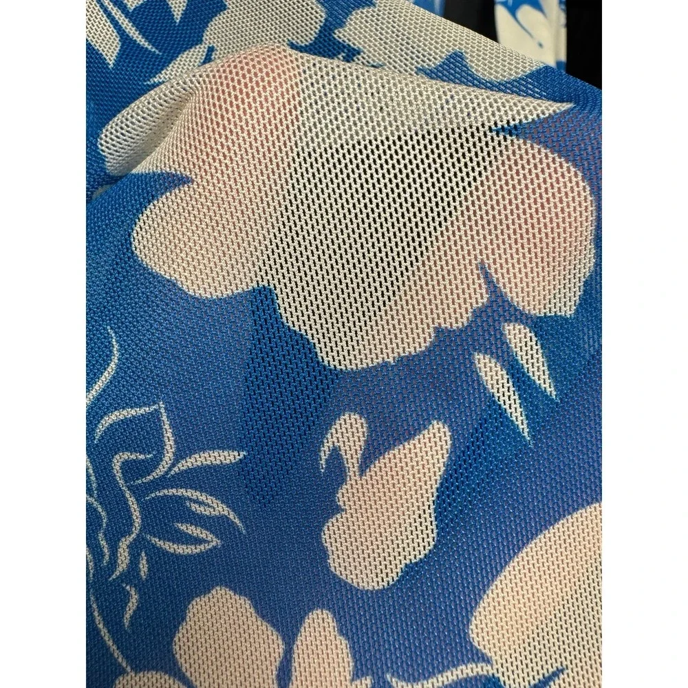 Y2K Mesh Rouched Button Top - Large - Blue and Offwhite Flowers Rave Festival - Picture 10 of 10